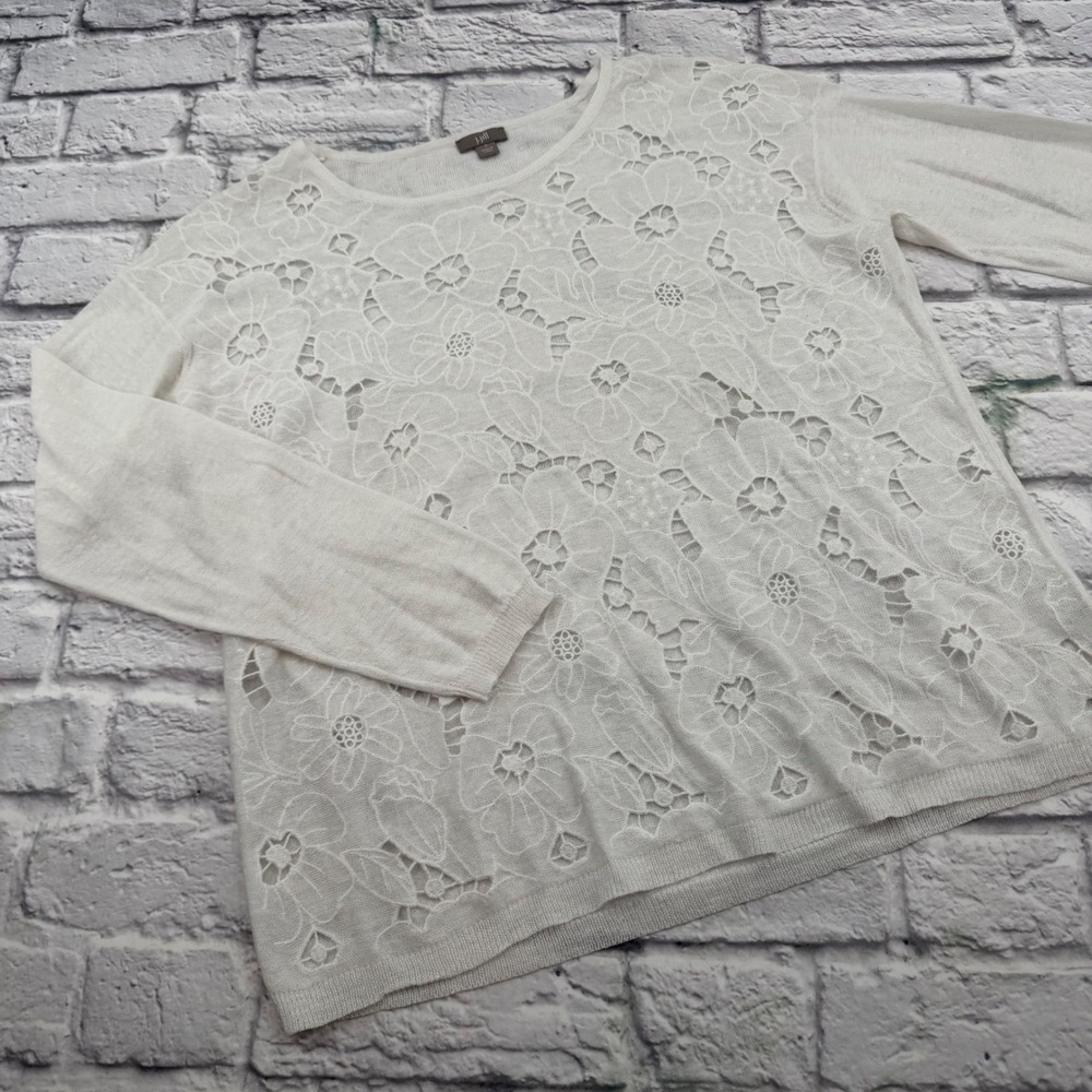 J. Jill Womens White Floral Lace Front Linen Blend Fine Knit Sweater Small